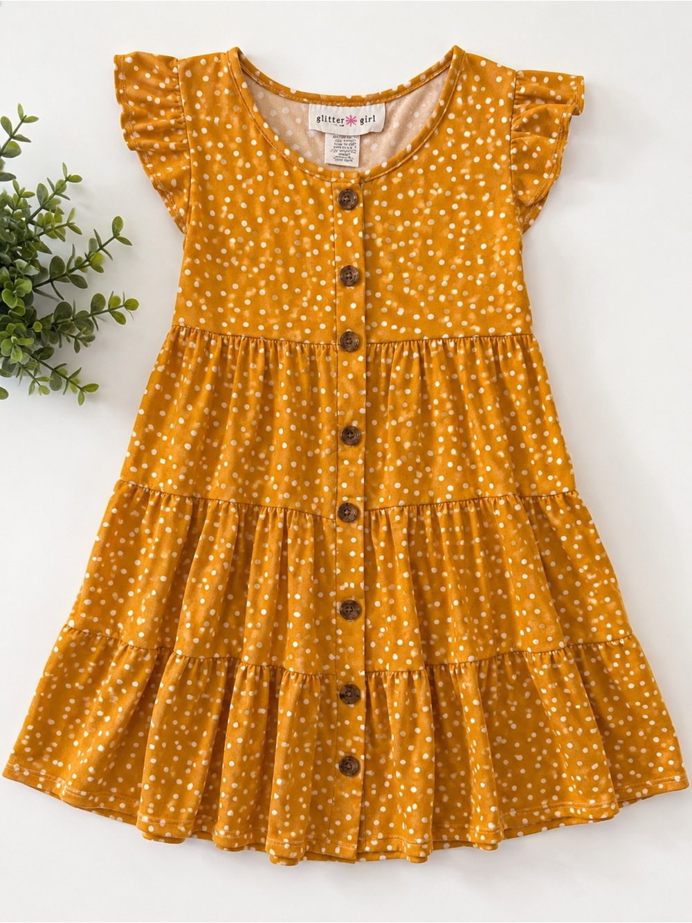 Glitter Girl Girls Size 7 Mustard Polka Dot Tiered Dress